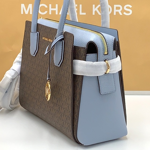 MICHAEL KORS MERCER MEDIUM TOP ZIP BELTED SATCHEL BROWN/ PALE BLUE SIGNATURE - Picture 6 of 16